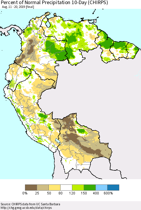 Northern South America Percent of Normal Precipitation 10-Day (CHIRPS) Thematic Map For 8/11/2019 - 8/20/2019