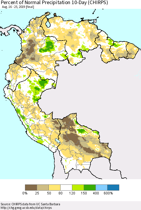 Northern South America Percent of Normal Precipitation 10-Day (CHIRPS) Thematic Map For 8/16/2019 - 8/25/2019