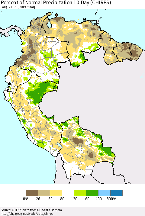 Northern South America Percent of Normal Precipitation 10-Day (CHIRPS) Thematic Map For 8/21/2019 - 8/31/2019