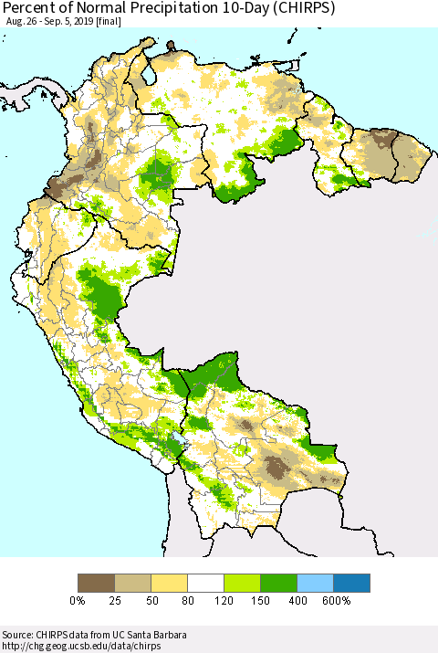 Northern South America Percent of Normal Precipitation 10-Day (CHIRPS) Thematic Map For 8/26/2019 - 9/5/2019