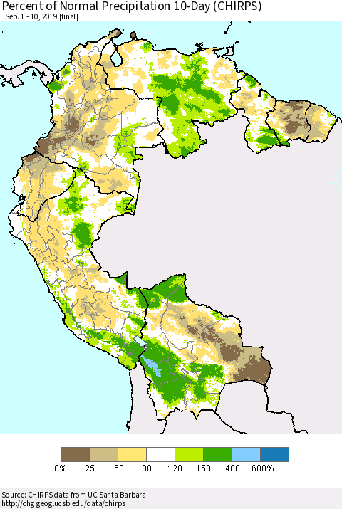 Northern South America Percent of Normal Precipitation 10-Day (CHIRPS) Thematic Map For 9/1/2019 - 9/10/2019