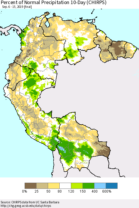 Northern South America Percent of Normal Precipitation 10-Day (CHIRPS) Thematic Map For 9/6/2019 - 9/15/2019