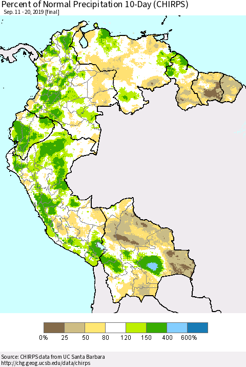 Northern South America Percent of Normal Precipitation 10-Day (CHIRPS) Thematic Map For 9/11/2019 - 9/20/2019