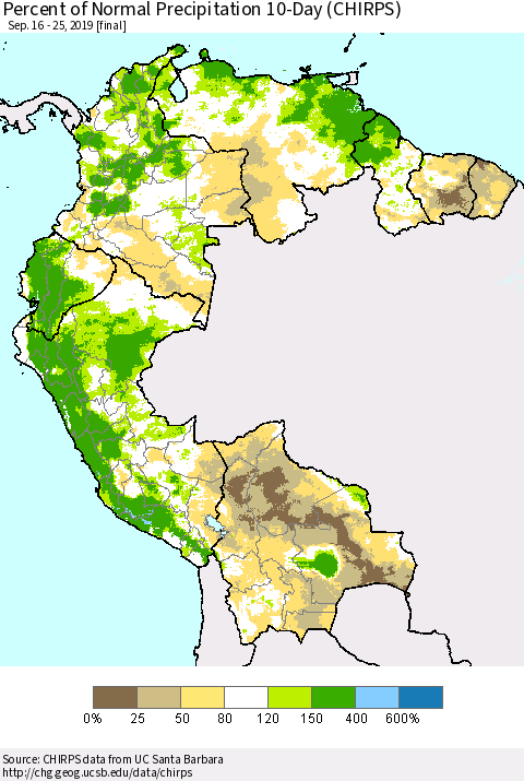 Northern South America Percent of Normal Precipitation 10-Day (CHIRPS) Thematic Map For 9/16/2019 - 9/25/2019