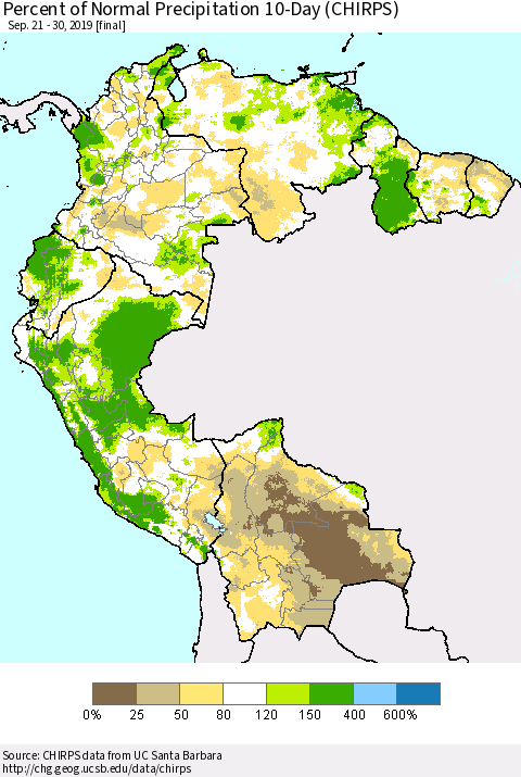 Northern South America Percent of Normal Precipitation 10-Day (CHIRPS) Thematic Map For 9/21/2019 - 9/30/2019