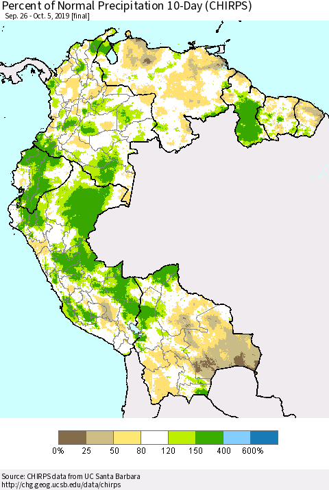Northern South America Percent of Normal Precipitation 10-Day (CHIRPS) Thematic Map For 9/26/2019 - 10/5/2019