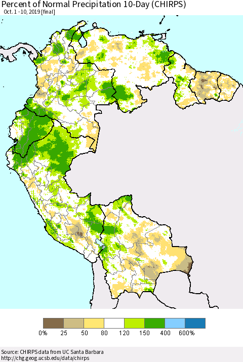 Northern South America Percent of Normal Precipitation 10-Day (CHIRPS) Thematic Map For 10/1/2019 - 10/10/2019