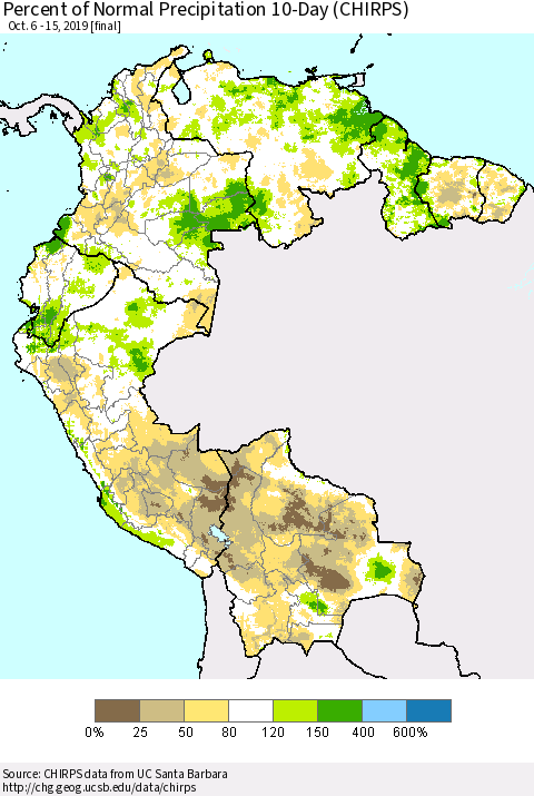 Northern South America Percent of Normal Precipitation 10-Day (CHIRPS) Thematic Map For 10/6/2019 - 10/15/2019