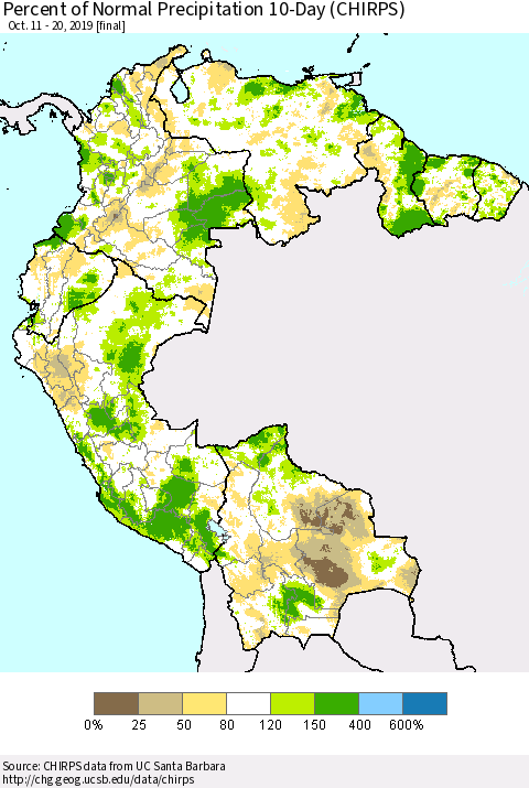 Northern South America Percent of Normal Precipitation 10-Day (CHIRPS) Thematic Map For 10/11/2019 - 10/20/2019