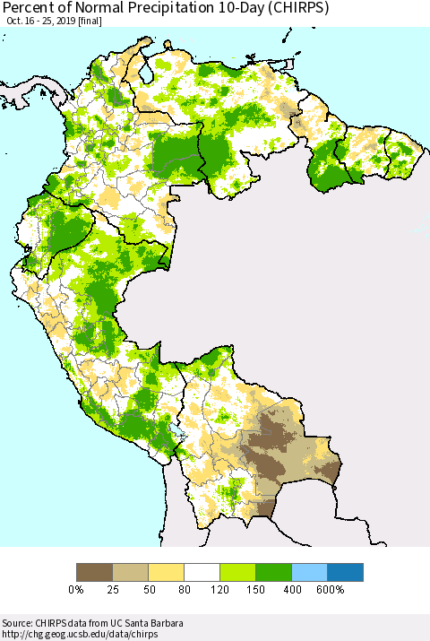 Northern South America Percent of Normal Precipitation 10-Day (CHIRPS) Thematic Map For 10/16/2019 - 10/25/2019