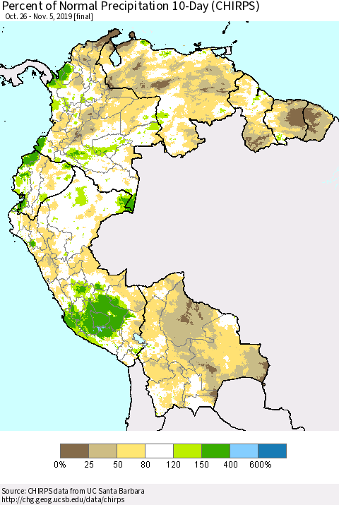 Northern South America Percent of Normal Precipitation 10-Day (CHIRPS) Thematic Map For 10/26/2019 - 11/5/2019