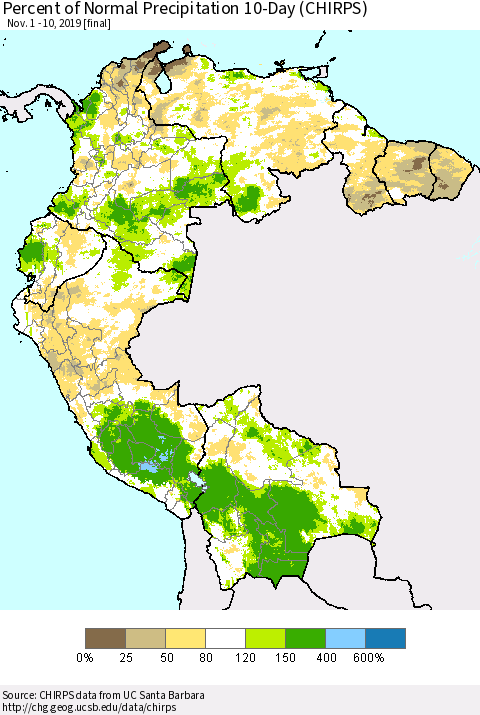 Northern South America Percent of Normal Precipitation 10-Day (CHIRPS) Thematic Map For 11/1/2019 - 11/10/2019
