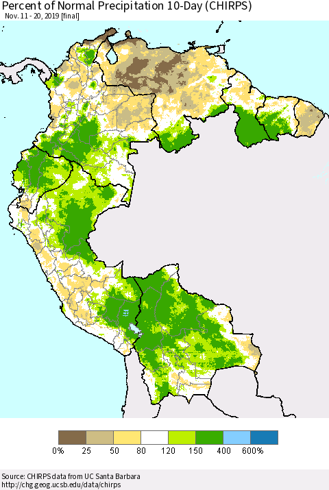 Northern South America Percent of Normal Precipitation 10-Day (CHIRPS) Thematic Map For 11/11/2019 - 11/20/2019