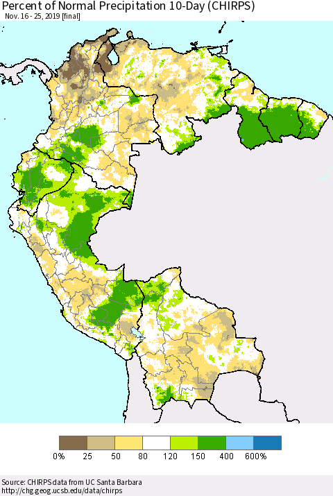 Northern South America Percent of Normal Precipitation 10-Day (CHIRPS) Thematic Map For 11/16/2019 - 11/25/2019