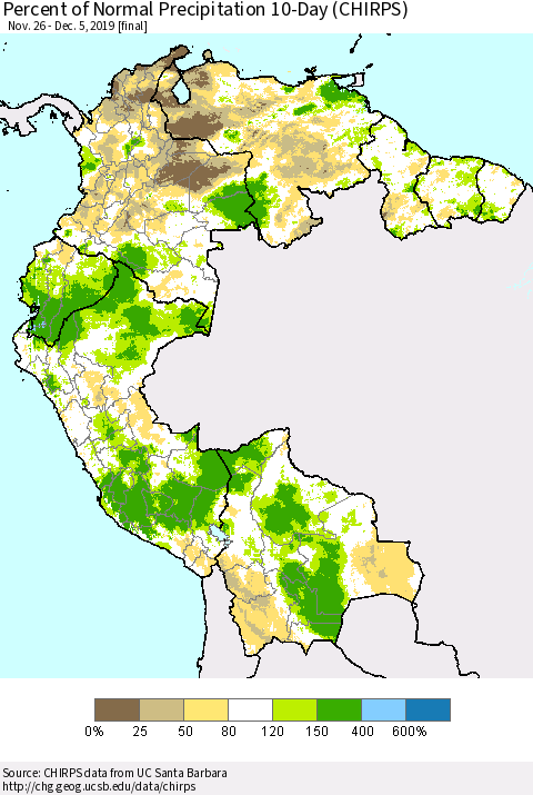Northern South America Percent of Normal Precipitation 10-Day (CHIRPS) Thematic Map For 11/26/2019 - 12/5/2019
