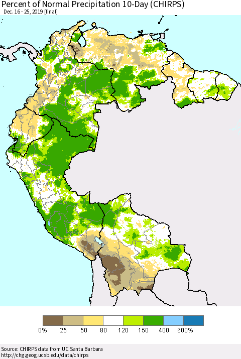 Northern South America Percent of Normal Precipitation 10-Day (CHIRPS) Thematic Map For 12/16/2019 - 12/25/2019