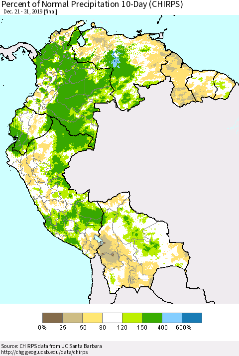 Northern South America Percent of Normal Precipitation 10-Day (CHIRPS) Thematic Map For 12/21/2019 - 12/31/2019