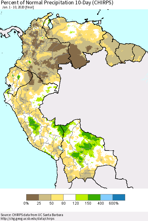 Northern South America Percent of Normal Precipitation 10-Day (CHIRPS) Thematic Map For 1/1/2020 - 1/10/2020