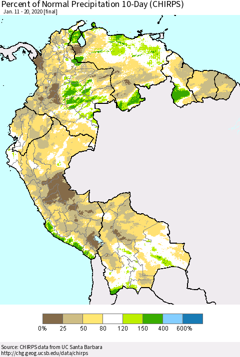 Northern South America Percent of Normal Precipitation 10-Day (CHIRPS) Thematic Map For 1/11/2020 - 1/20/2020