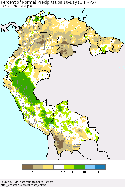 Northern South America Percent of Normal Precipitation 10-Day (CHIRPS) Thematic Map For 1/26/2020 - 2/5/2020