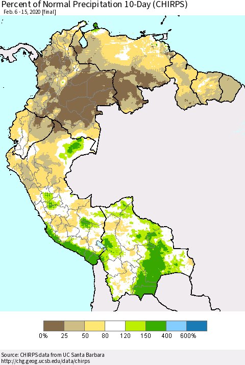 Northern South America Percent of Normal Precipitation 10-Day (CHIRPS) Thematic Map For 2/6/2020 - 2/15/2020