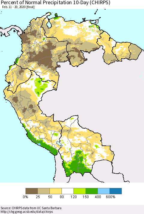 Northern South America Percent of Normal Precipitation 10-Day (CHIRPS) Thematic Map For 2/11/2020 - 2/20/2020