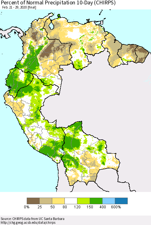 Northern South America Percent of Normal Precipitation 10-Day (CHIRPS) Thematic Map For 2/21/2020 - 2/29/2020