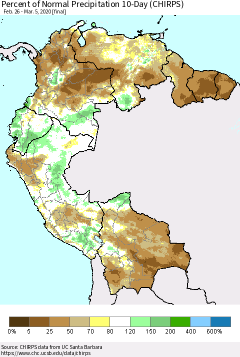 Northern South America Percent of Normal Precipitation 10-Day (CHIRPS) Thematic Map For 2/26/2020 - 3/5/2020