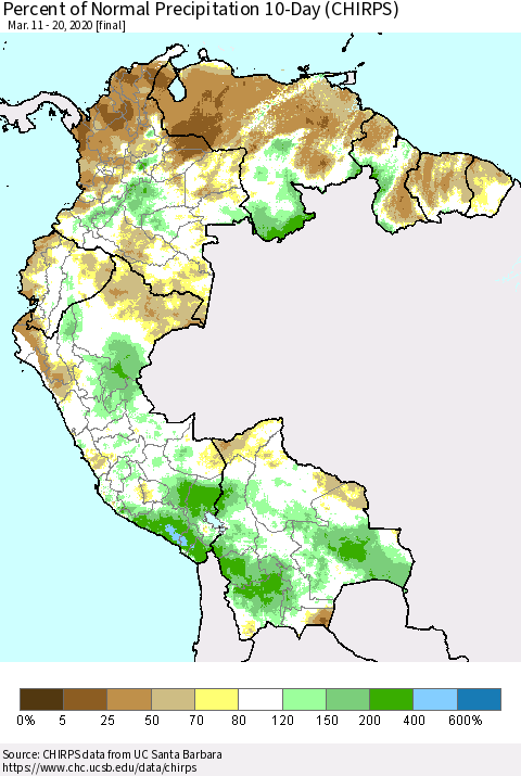 Northern South America Percent of Normal Precipitation 10-Day (CHIRPS) Thematic Map For 3/11/2020 - 3/20/2020