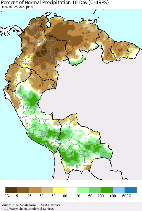 Northern South America Percent of Normal Precipitation 10-Day (CHIRPS) Thematic Map For 3/16/2020 - 3/25/2020