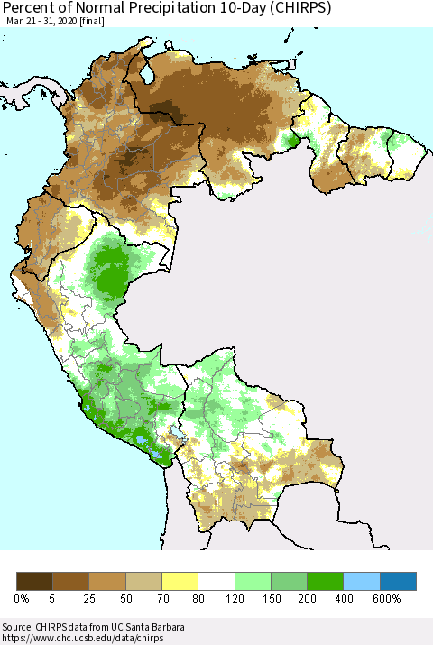 Northern South America Percent of Normal Precipitation 10-Day (CHIRPS) Thematic Map For 3/21/2020 - 3/31/2020