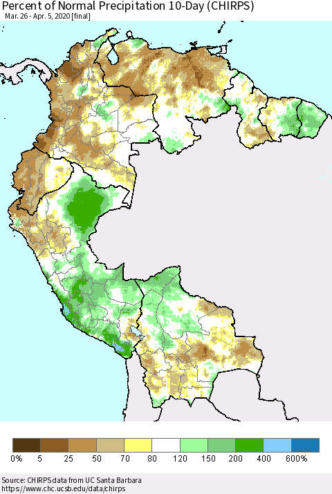 Northern South America Percent of Normal Precipitation 10-Day (CHIRPS) Thematic Map For 3/26/2020 - 4/5/2020