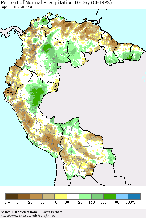 Northern South America Percent of Normal Precipitation 10-Day (CHIRPS) Thematic Map For 4/1/2020 - 4/10/2020