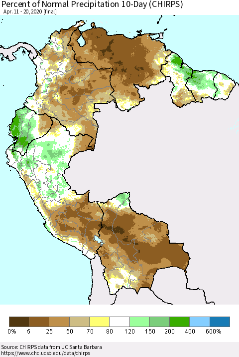 Northern South America Percent of Normal Precipitation 10-Day (CHIRPS) Thematic Map For 4/11/2020 - 4/20/2020