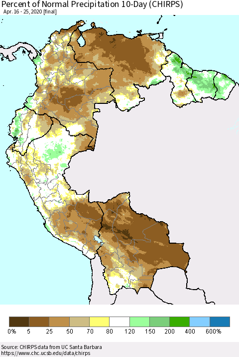 Northern South America Percent of Normal Precipitation 10-Day (CHIRPS) Thematic Map For 4/16/2020 - 4/25/2020