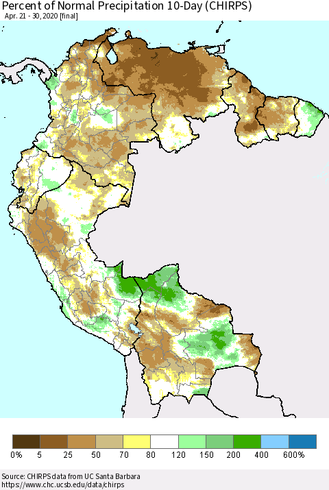 Northern South America Percent of Normal Precipitation 10-Day (CHIRPS) Thematic Map For 4/21/2020 - 4/30/2020