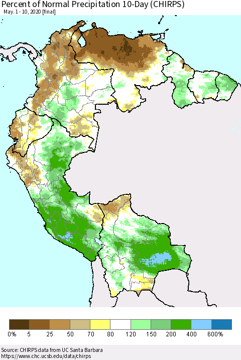 Northern South America Percent of Normal Precipitation 10-Day (CHIRPS) Thematic Map For 5/1/2020 - 5/10/2020
