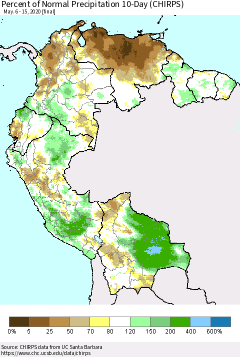 Northern South America Percent of Normal Precipitation 10-Day (CHIRPS) Thematic Map For 5/6/2020 - 5/15/2020