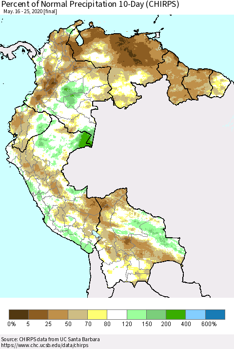 Northern South America Percent of Normal Precipitation 10-Day (CHIRPS) Thematic Map For 5/16/2020 - 5/25/2020