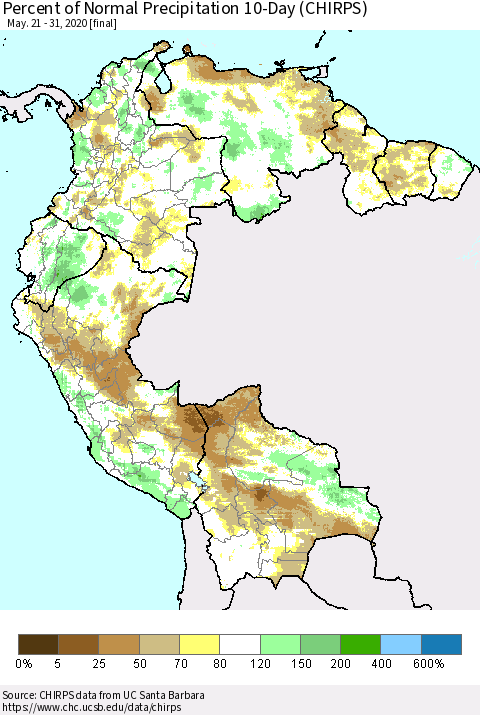 Northern South America Percent of Normal Precipitation 10-Day (CHIRPS) Thematic Map For 5/21/2020 - 5/31/2020
