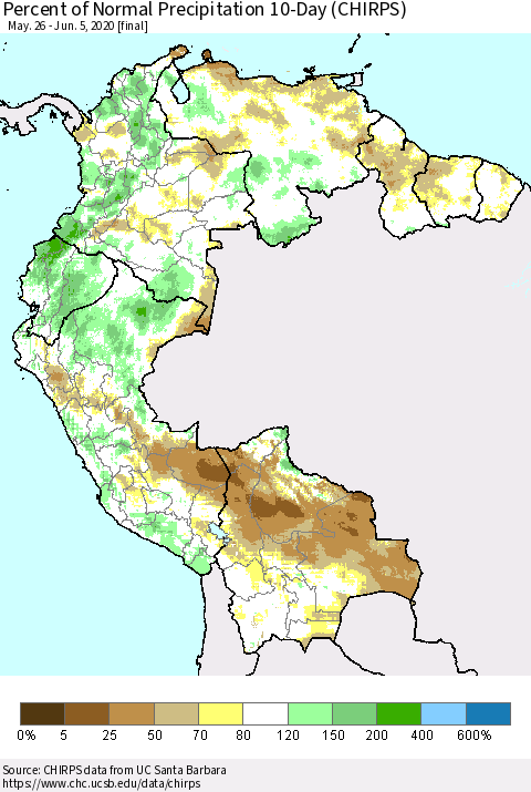 Northern South America Percent of Normal Precipitation 10-Day (CHIRPS) Thematic Map For 5/26/2020 - 6/5/2020