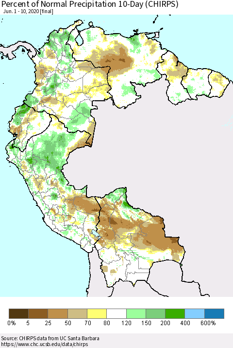 Northern South America Percent of Normal Precipitation 10-Day (CHIRPS) Thematic Map For 6/1/2020 - 6/10/2020