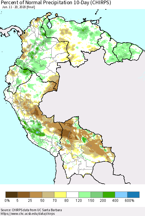 Northern South America Percent of Normal Precipitation 10-Day (CHIRPS) Thematic Map For 6/11/2020 - 6/20/2020