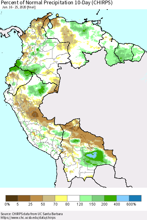 Northern South America Percent of Normal Precipitation 10-Day (CHIRPS) Thematic Map For 6/16/2020 - 6/25/2020