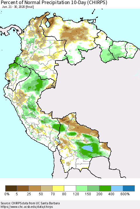 Northern South America Percent of Normal Precipitation 10-Day (CHIRPS) Thematic Map For 6/21/2020 - 6/30/2020