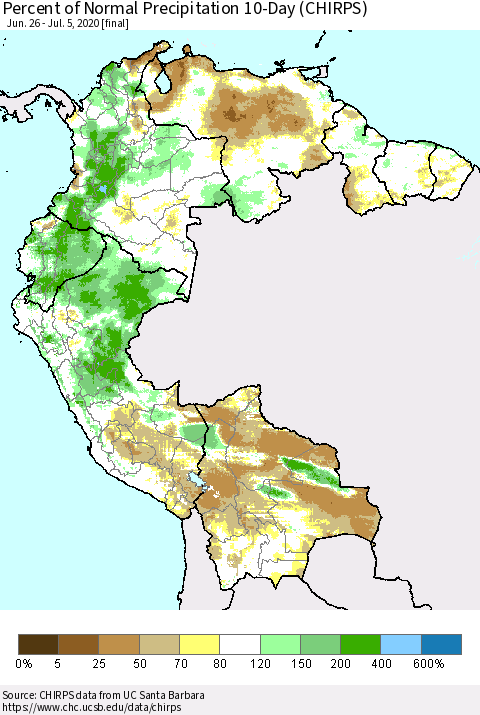 Northern South America Percent of Normal Precipitation 10-Day (CHIRPS) Thematic Map For 6/26/2020 - 7/5/2020