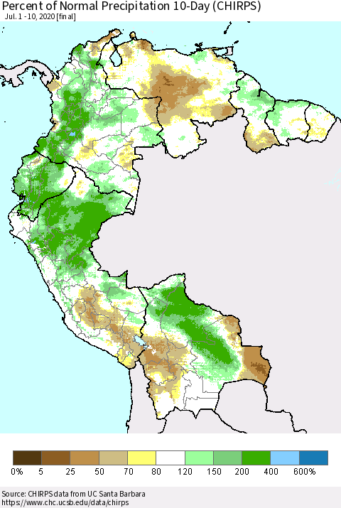 Northern South America Percent of Normal Precipitation 10-Day (CHIRPS) Thematic Map For 7/1/2020 - 7/10/2020