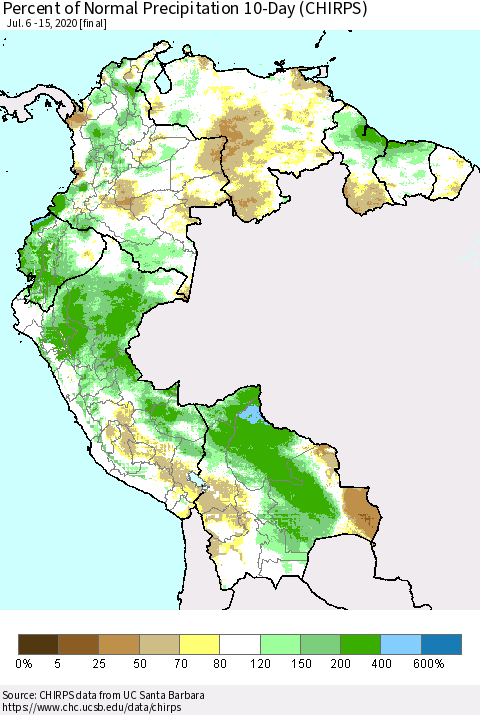Northern South America Percent of Normal Precipitation 10-Day (CHIRPS) Thematic Map For 7/6/2020 - 7/15/2020