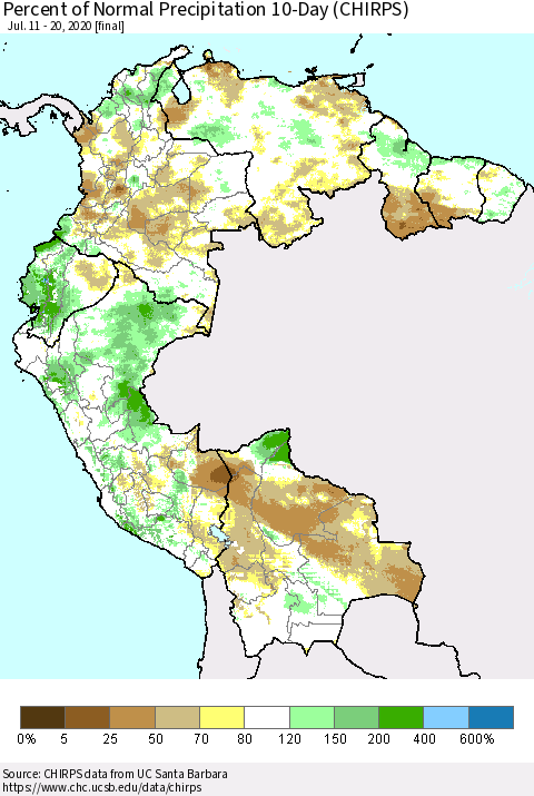Northern South America Percent of Normal Precipitation 10-Day (CHIRPS) Thematic Map For 7/11/2020 - 7/20/2020