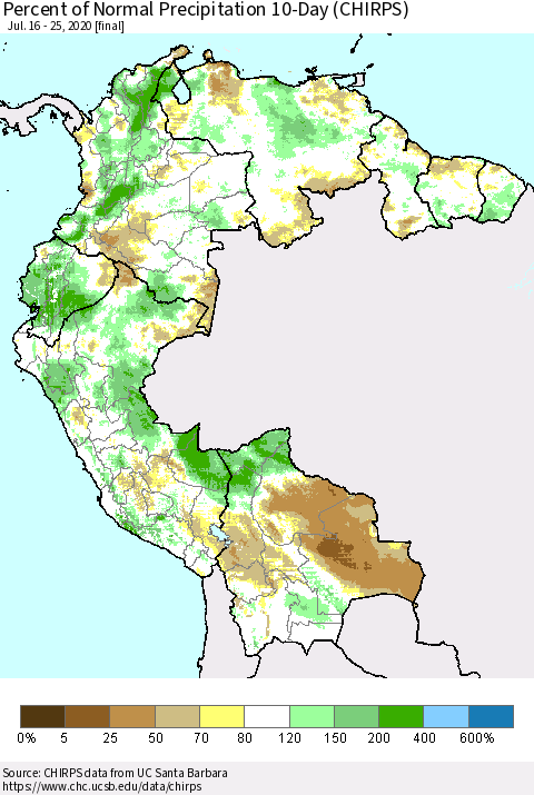 Northern South America Percent of Normal Precipitation 10-Day (CHIRPS) Thematic Map For 7/16/2020 - 7/25/2020